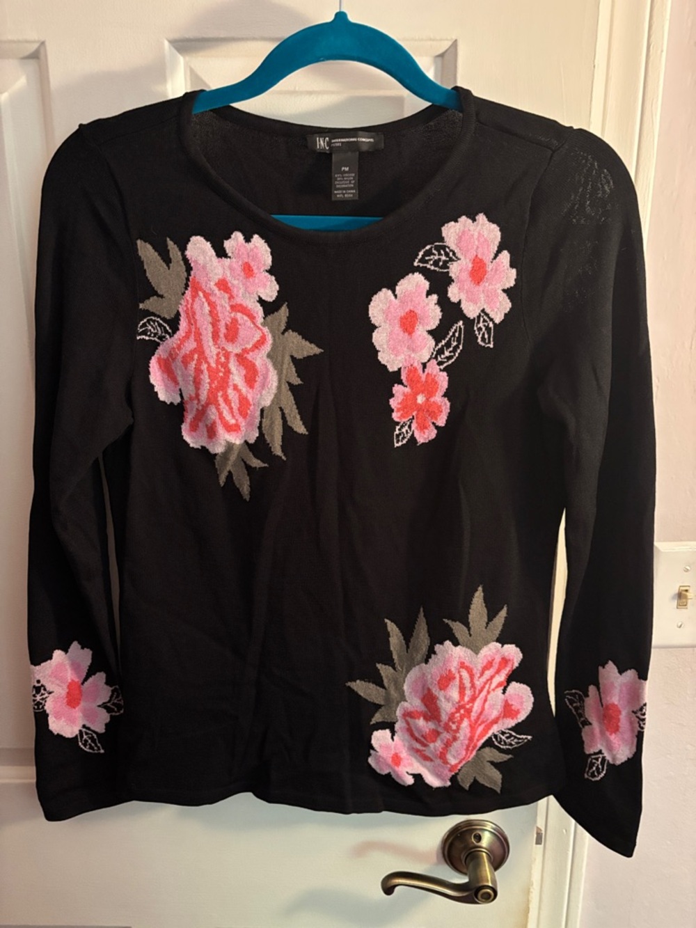INC International Concepts Black Floral Embroidered Long Sleeve Top